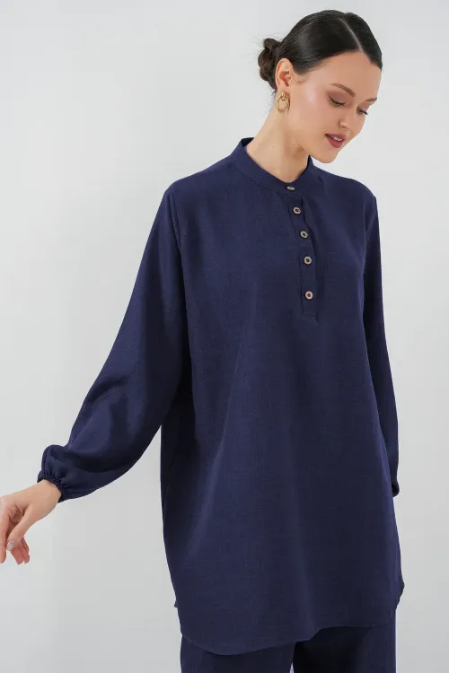 6678 Keten Tunik Pantolon İkili Takım - Lacivert