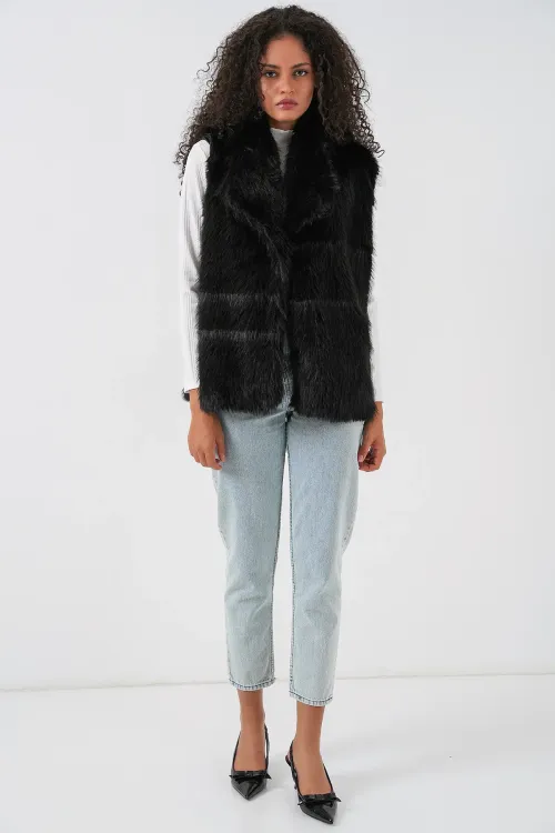 6804 Kadın Kürklü Yelek - Siyah