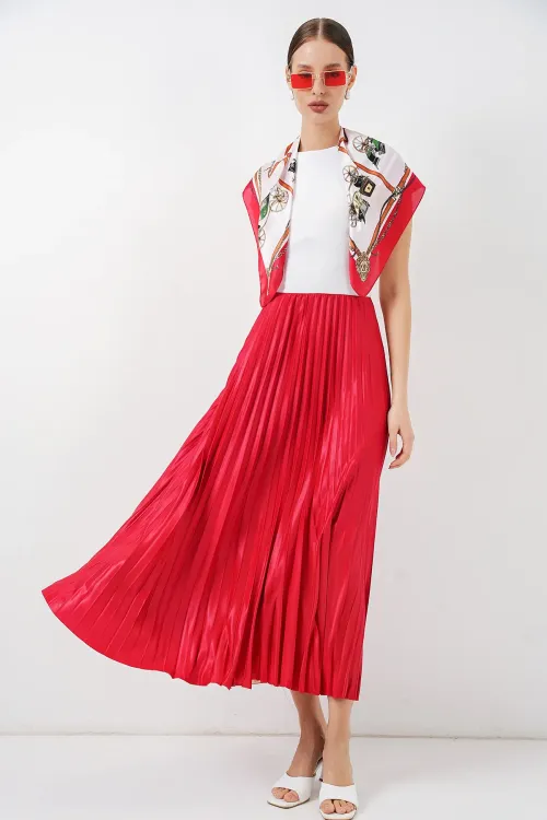 8009 Deri Görünümlü Piliseli Etek - Kırmızı