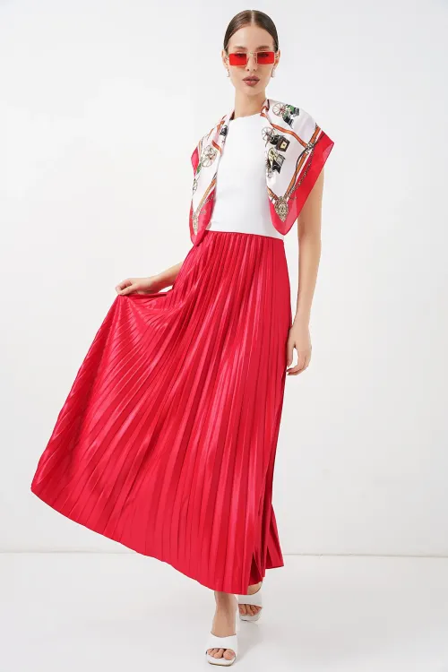 8009 Deri Görünümlü Piliseli Etek - Kırmızı