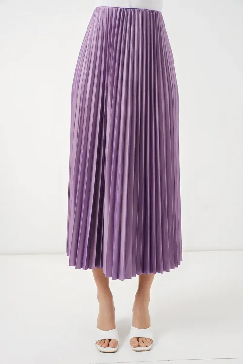 8009 Deri Görünümlü Piliseli Etek - Lila