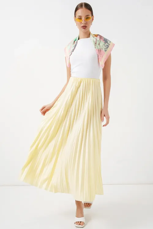 8009 Deri Görünümlü Piliseli Etek - Sarı