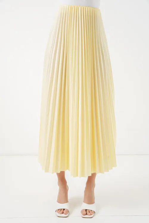 8009 Deri Görünümlü Piliseli Etek - Sarı