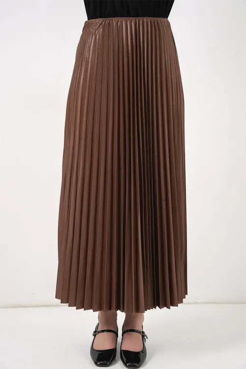 8009 Deri Görünümlü Piliseli Etek - Taba