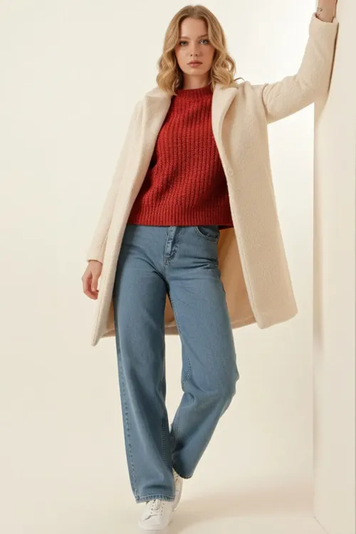 9085 Kadın Oversize Kaşe Kaban - M. Krem