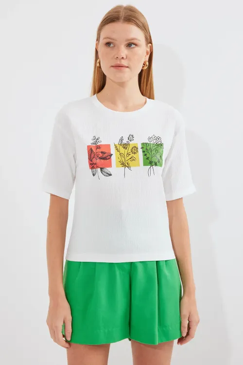 913 Baskılı Örme Basic Tişört - Beyaz