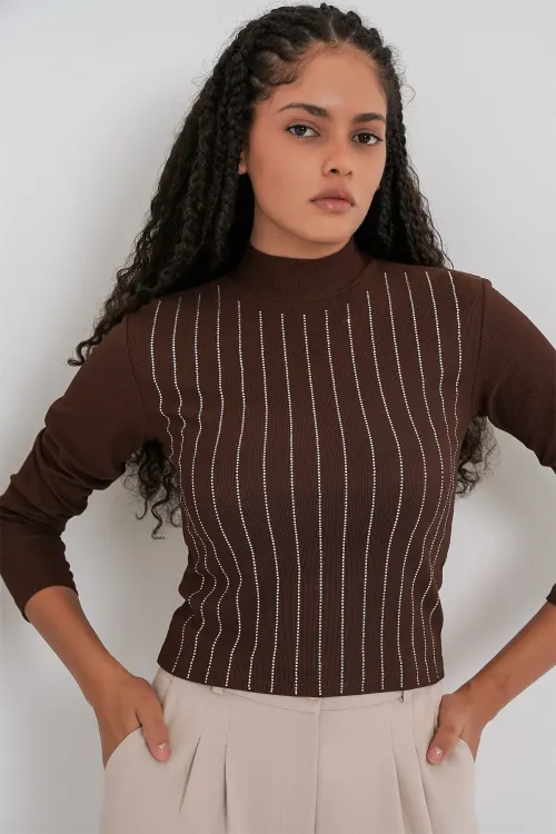 922 Taşlı Body - Kahverengi