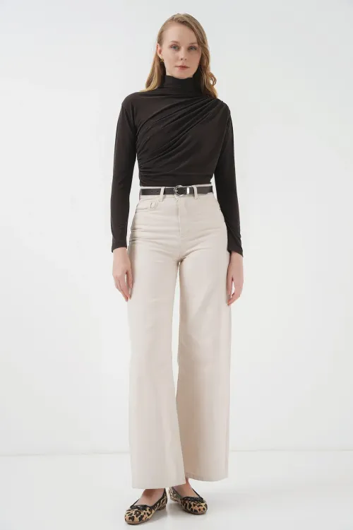 925 Büzgü Detaylı Sandy Bluz - Kahverengi