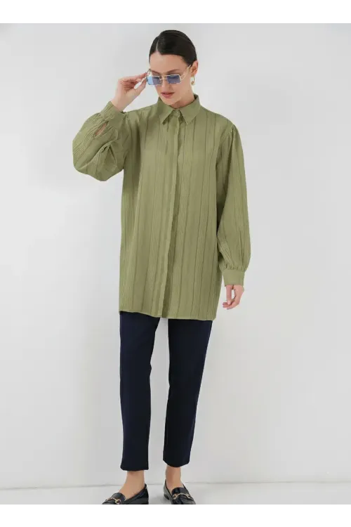 Çizgili Uzun Gömlek Tunik 5947 - Çağla