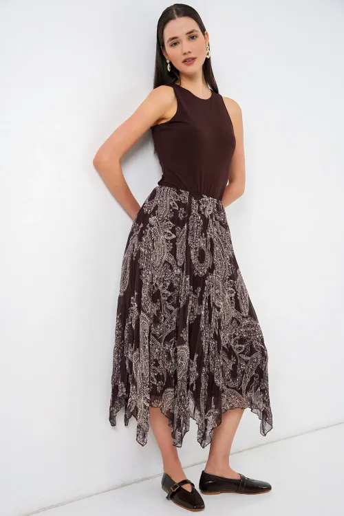 Kadın Asimetrik Tül Şifon Etek 8061 - Kahverengi