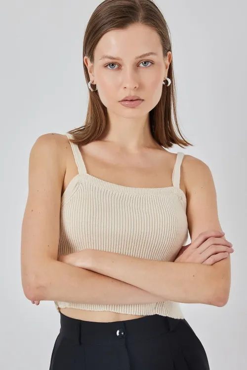 Kadın Askılı Crop Top Bluz 15934 - Krem