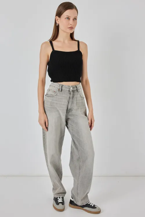 Kadın Askılı Crop Top Bluz 15934 - Siyah