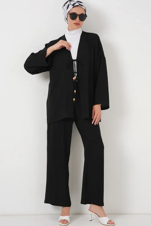 Kadın Ayrobin Kimono Pantolon İkili Takım 6739 - Siyah