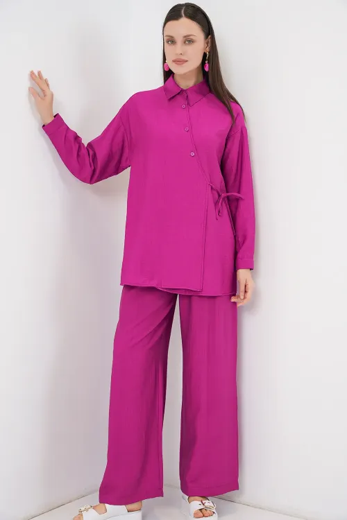 Kadın Bağcıklı Tunik Pantolon İkili Takım 6752 - Fuşya