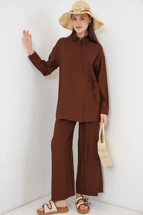 Kadın Bağcıklı Tunik Pantolon İkili Takım 6752 - Kahverengi