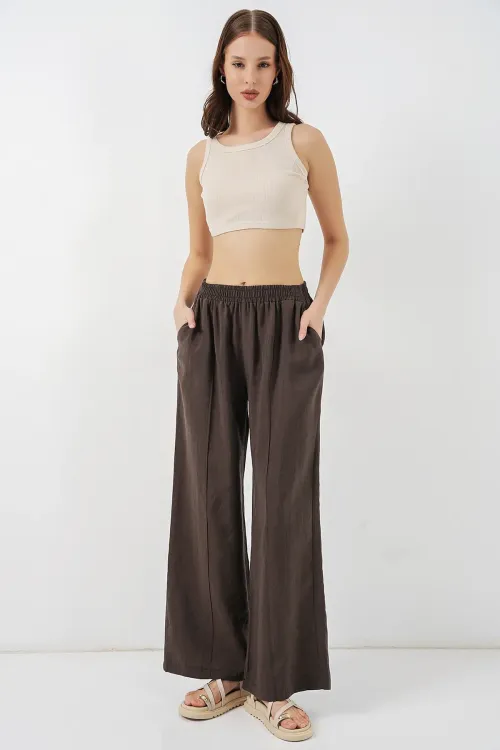 Kadın Beli Lastikli Bol Paça Pantolon 30087 - A.Kahve