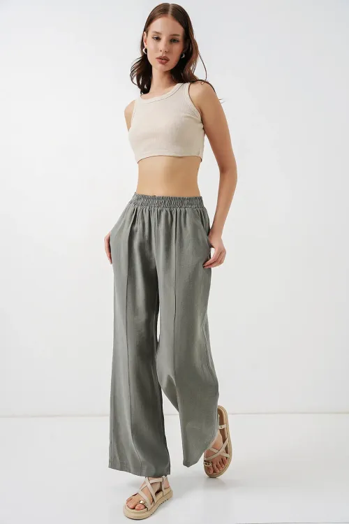 Kadın Beli Lastikli Bol Paça Pantolon 30087 - Gri