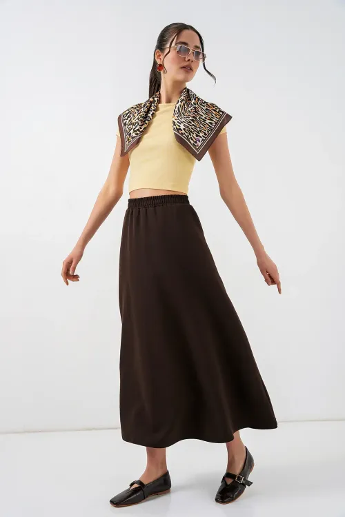 Kadın Beli Lastikli Uzun Etek 8072 - Kahverengi