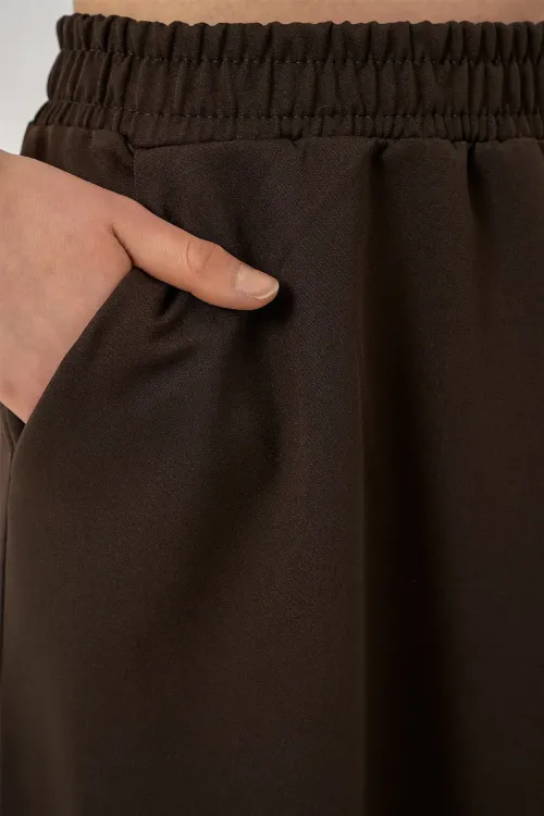 Kadın Beli Lastikli Uzun Etek 8072 - Kahverengi