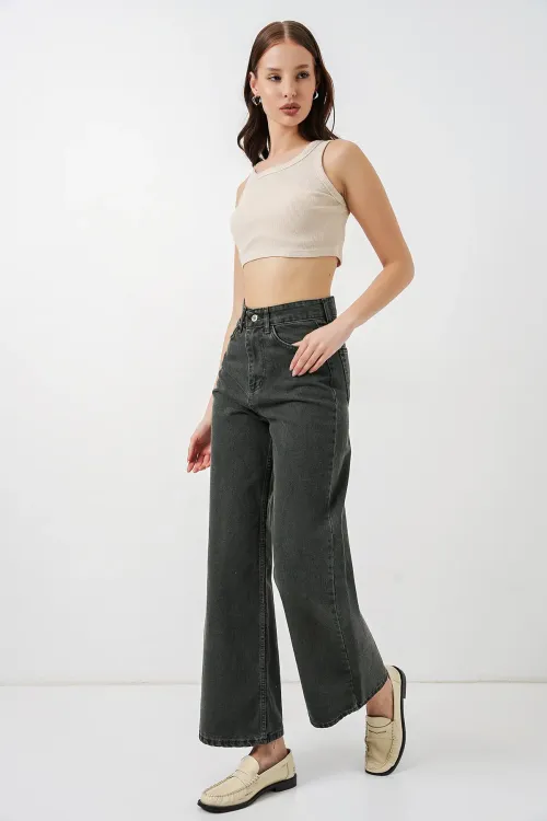 Kadın Bol Paça Yüksek Bel Palazzo Kot Pantolon 6656 - Yeşil