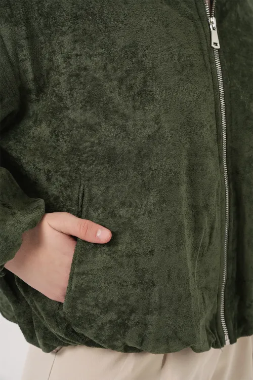 Kadın Büzgülü Oversize Kadife Ceket 0733 - Haki