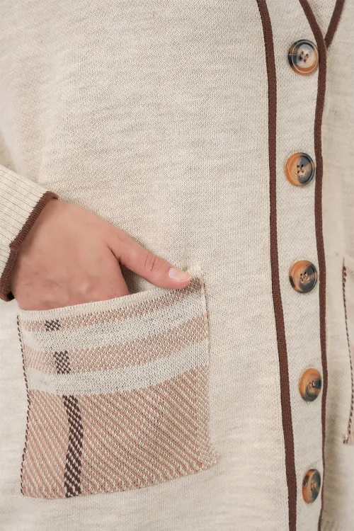 Kadın Cepli Hırka Triko İkili Takım 15964 - Ekru