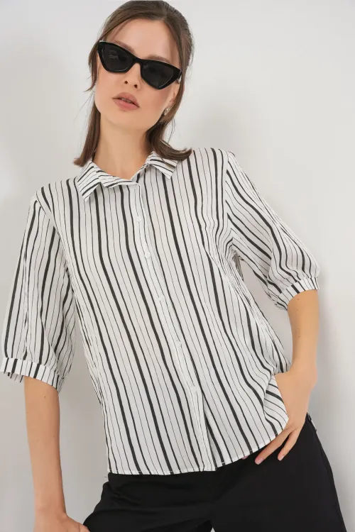 Kadın Çizgili Kısa Kol Gömlek 20345 - Siyah