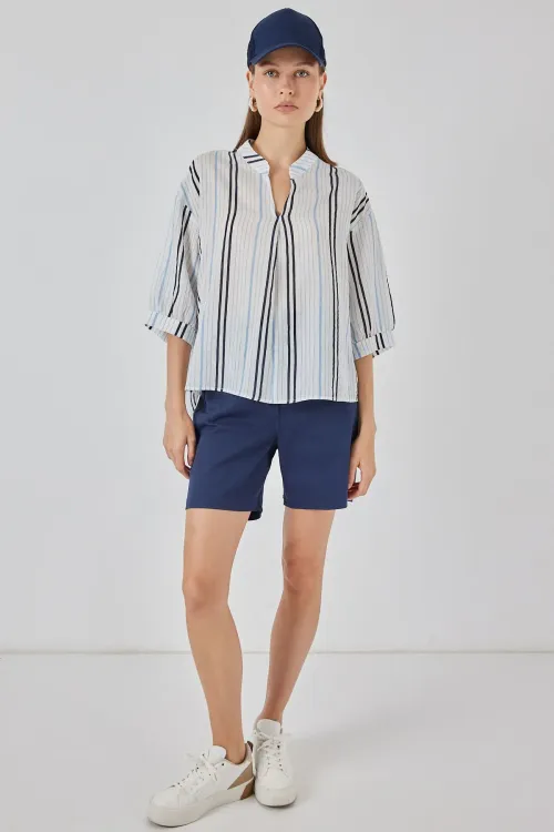 Kadın Çizgili Oversize Bluz 967 - Açık Mavi