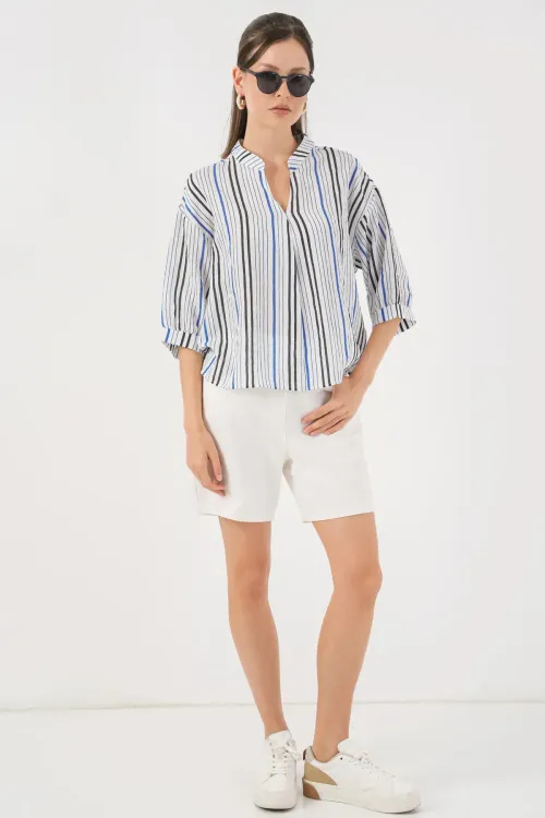 Kadın Çizgili Oversize Bluz 967 - Lacivert