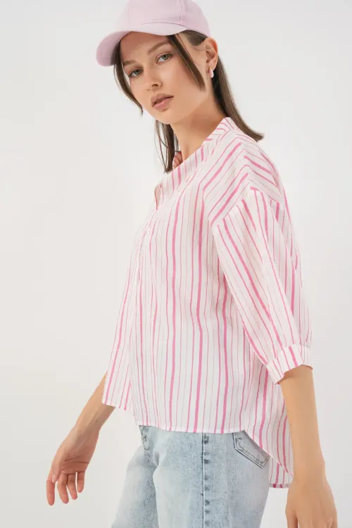 Kadın Çizgili Oversize Bluz 967 - Pudra