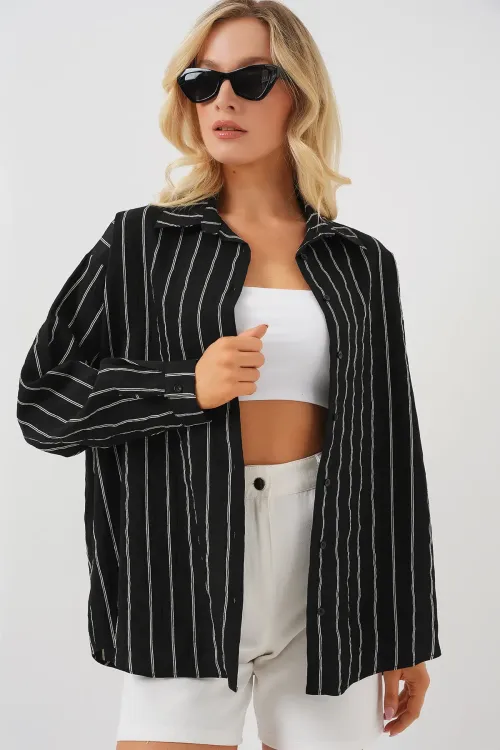 Kadın Çizgili Oversize Gömlek 20293 - Siyah