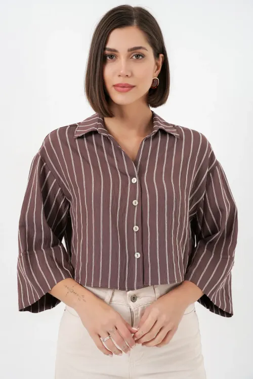 Kadın Çizgili Oversize Kısa Gömlek 20326 - Kahverengi