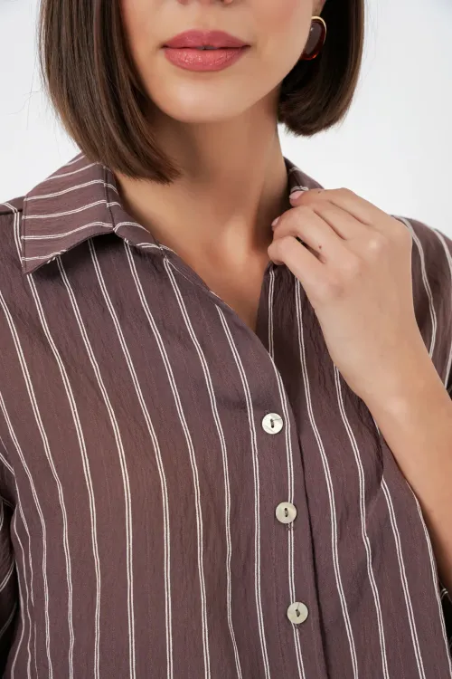 Kadın Çizgili Oversize Kısa Gömlek 20326 - Kahverengi