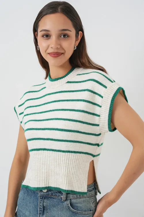 Kadın Çizgili Triko Süveter 15926 - Zümrüt Yeşili