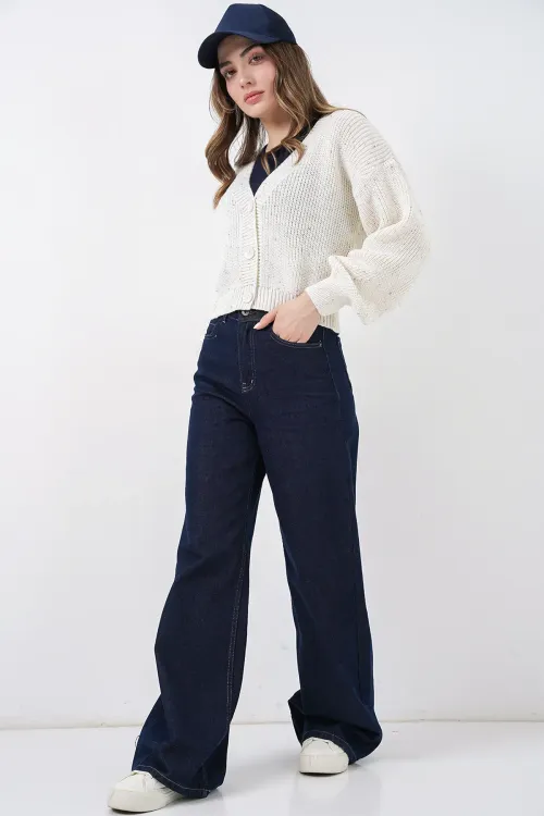 Kadın Crop Triko Hırka 15955 - Ekru