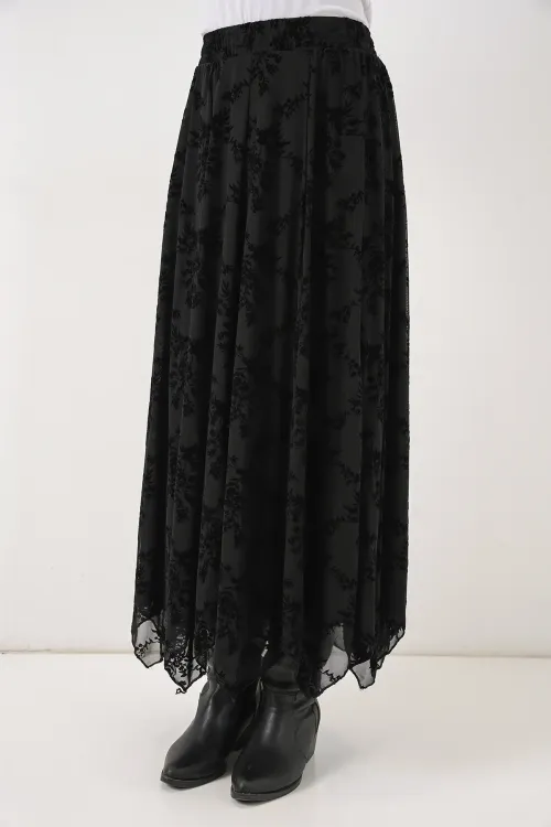 Kadın Desenli Astarlı Etek 8059 - Siyah