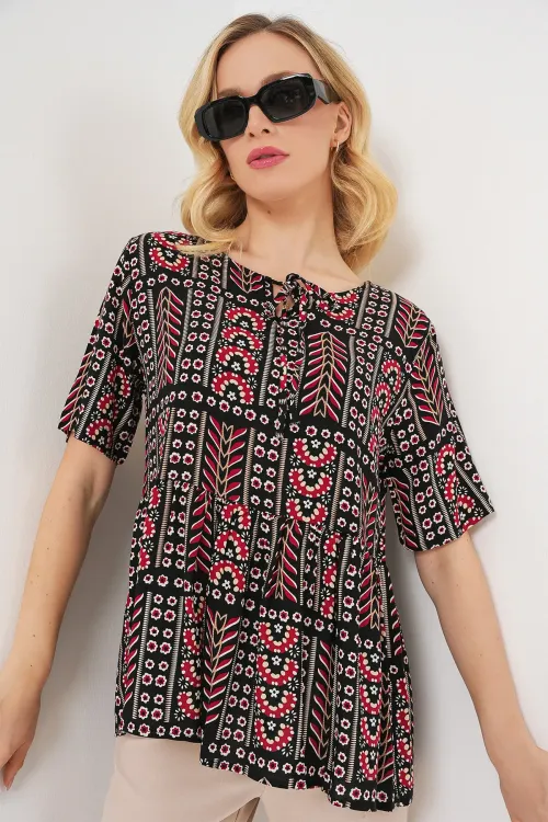 Kadın Desenli Kısa Kol Bluz 969 - Siyah