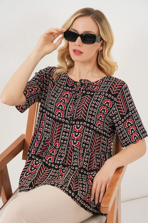 Kadın Desenli Kısa Kol Bluz 969 - Siyah