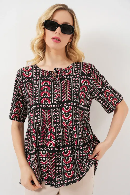 Kadın Desenli Kısa Kol Bluz 969 - Siyah