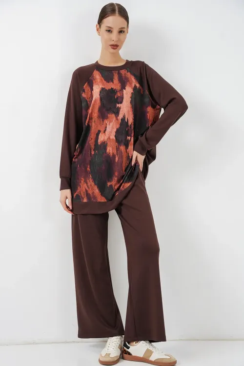 Kadın Desenli Oversize Tunik Pantolon İkili Takım 55462 - Kahverengi