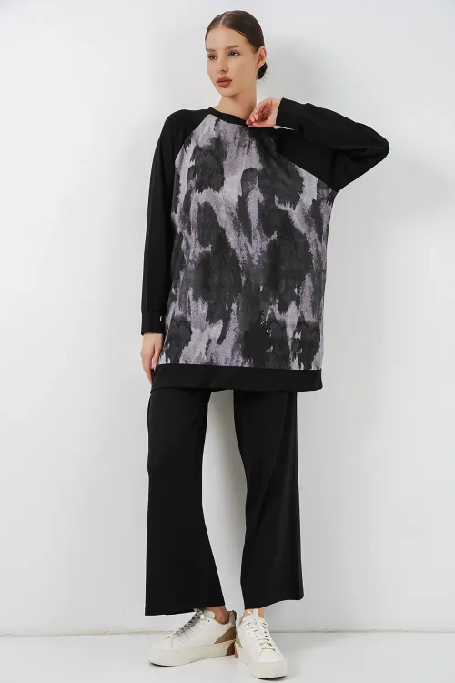 Kadın Desenli Oversize Tunik Pantolon İkili Takım 55462 - Siyah