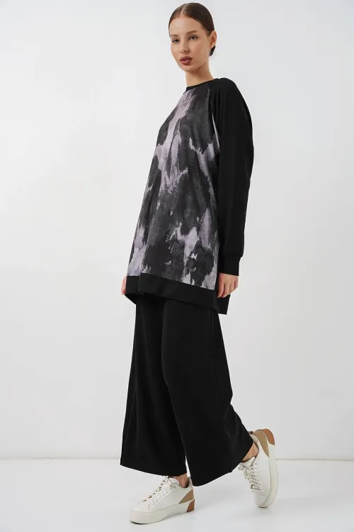 Kadın Desenli Oversize Tunik Pantolon İkili Takım 55462 - Siyah