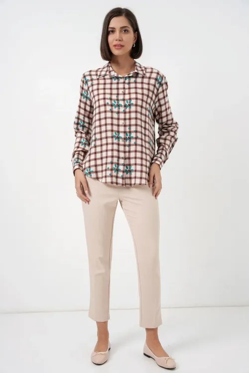 Kadın Desenli Oversize Viskon Gömlek 20371 - Kahverengi