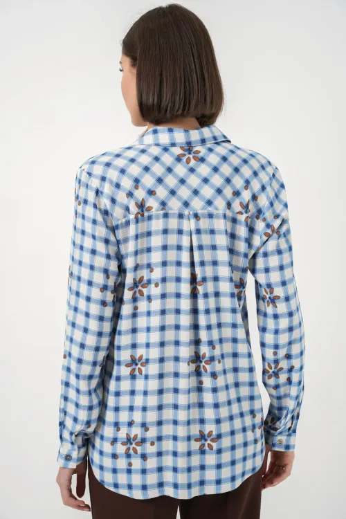 Kadın Desenli Oversize Viskon Gömlek 20371 - Mavi