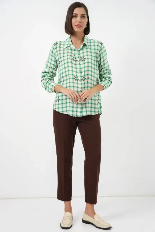 Kadın Desenli Oversize Viskon Gömlek 20371 - Yeşil