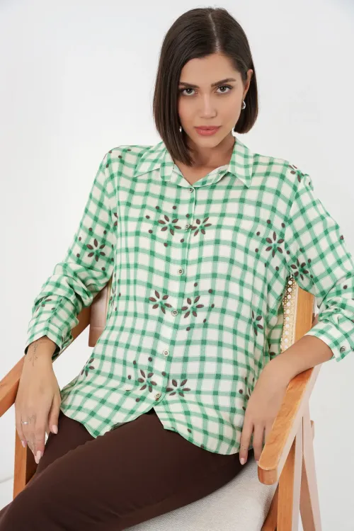 Kadın Desenli Oversize Viskon Gömlek 20371 - Yeşil