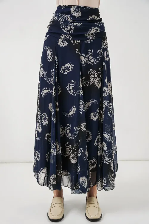 Kadın Desenli Şifon Etek 8057 - Lacivert