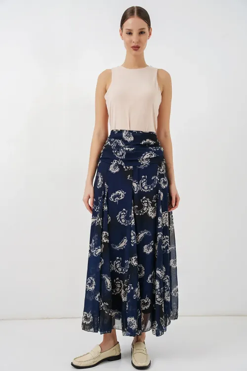 Kadın Desenli Şifon Etek 8057 - Lacivert