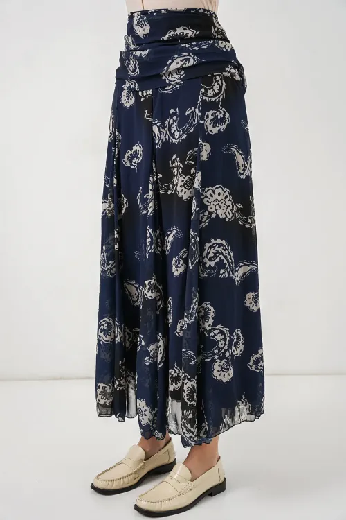 Kadın Desenli Şifon Etek 8057 - Lacivert