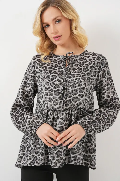 Kadın Desenli Uzun Kol Bluz 970 - Antrasit